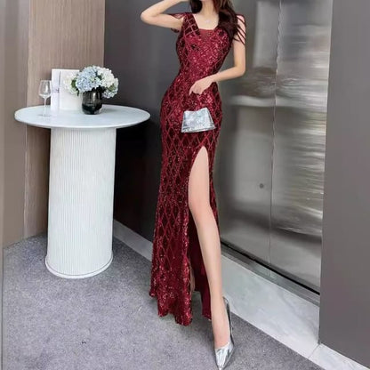 Fringed Sequin Bead Evening Gown Mermaid Sleeveless V-Neck Slit