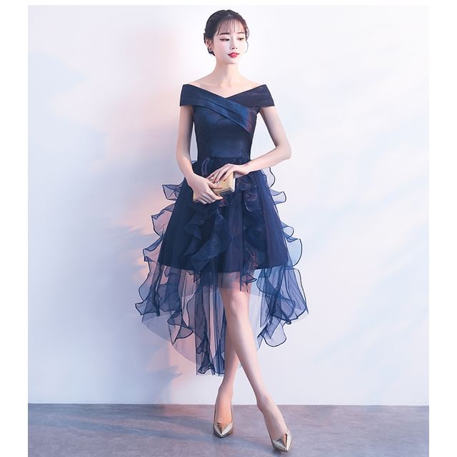 Off-Shoulder Plain Ruffle High Low A-Line Cocktail Dress