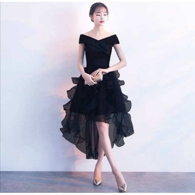 Off-Shoulder Plain Ruffle High Low A-Line Cocktail Dress