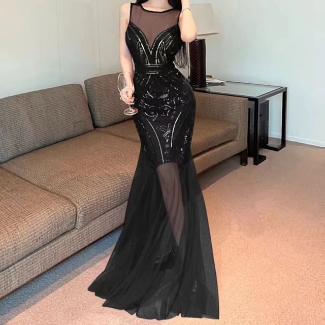 Evening Open Mermaid Sheer Gown Panel Neck Crew Sequin Sleeveless Back