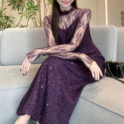 Mock Neck Lace Top with Spaghetti Strap Scoop Neck Glitter Bodycon Dress