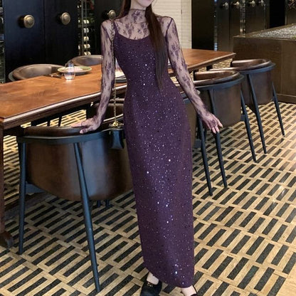 Mock Neck Lace Top with Spaghetti Strap Scoop Neck Glitter Bodycon Dress