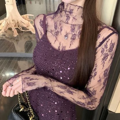 Mock Neck Lace Top with Spaghetti Strap Scoop Neck Glitter Bodycon Dress