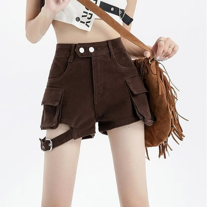 High Waist Plain Cutout Buckled Denim Cargo Shorts
