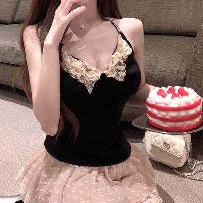 Scoop Neck Plain Lace Trim Halter Top / Mid Rise Dotted Asymmetrical Mini A-Line Skirt