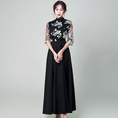 Elbow Sleeve Lace Overlay A-Line Maxi Dress
