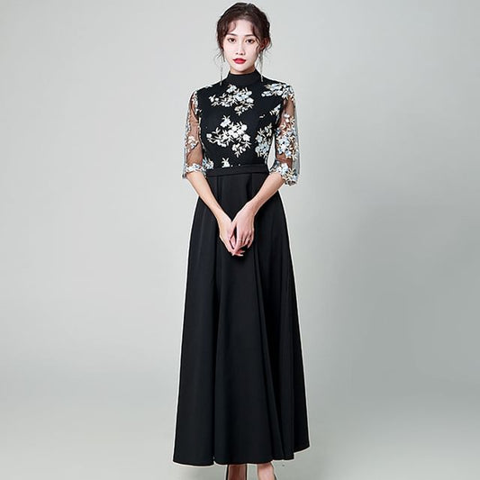 Elbow Sleeve Lace Overlay A-Line Maxi Dress