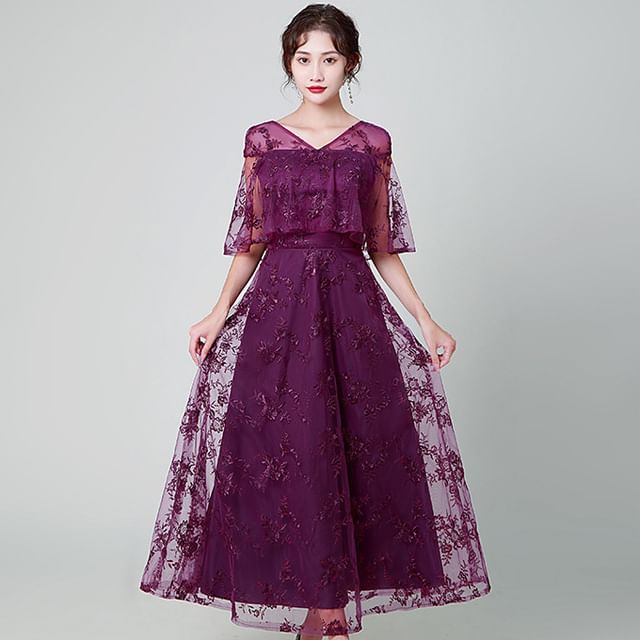 Elbow Sleeve V Neck Lace A-Line Maxi Dress