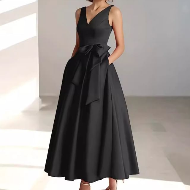 Sleeveless V Neck Plain A-Line Maxi Dress