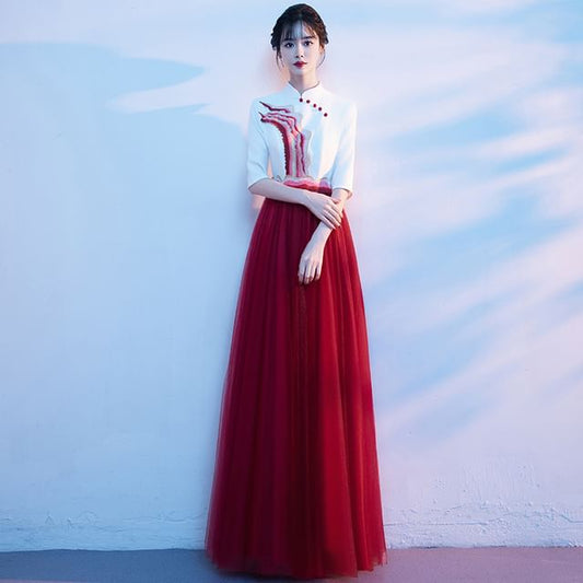 Gown Stand Tone A-Line Collar Short-Sleeve Two Evening