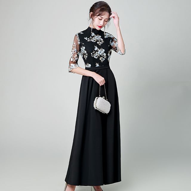 Elbow Sleeve Lace Overlay A-Line Maxi Dress