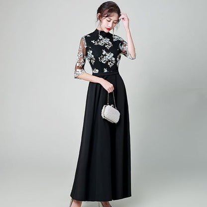 Elbow Sleeve Lace Overlay A-Line Maxi Dress