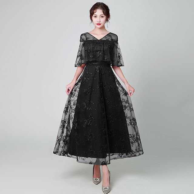 Elbow Sleeve V Neck Lace A-Line Maxi Dress