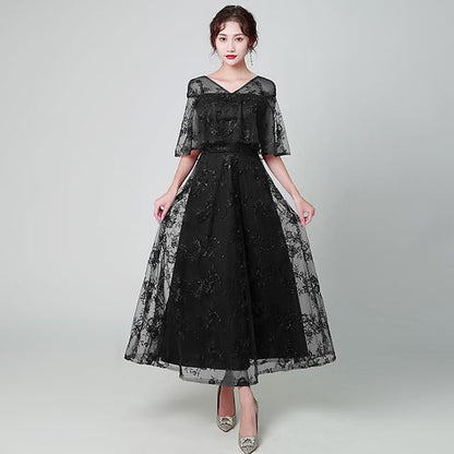 Elbow Sleeve V Neck Lace A-Line Maxi Dress