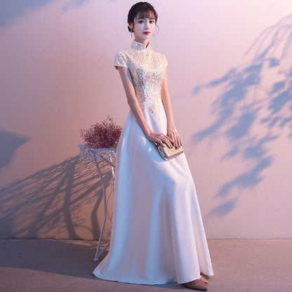 Gown Collar A-Line Stand Short-Sleeve Evening Lace