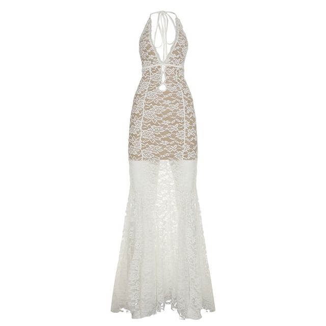 Sleeveless V-Neck Lace Open-Back Fishtail Maxi Bodycon Party Dress