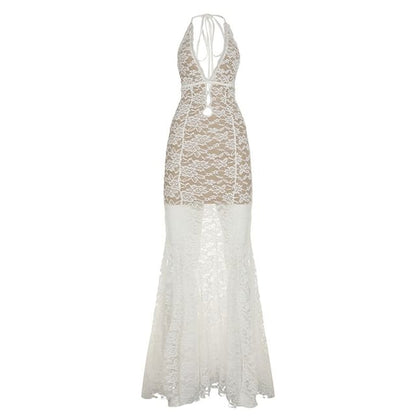 Sleeveless V-Neck Lace Open-Back Fishtail Maxi Bodycon Party Dress