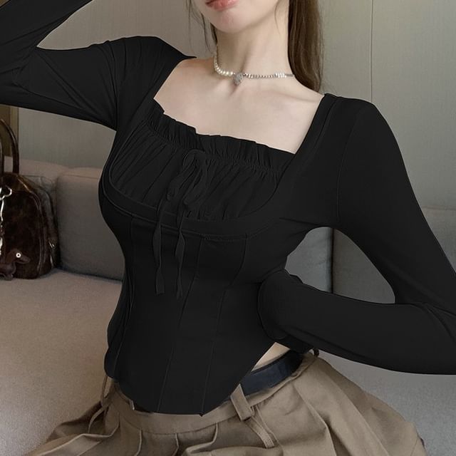 Long-Sleeve Square-Neck Plain Shirred Crop Top