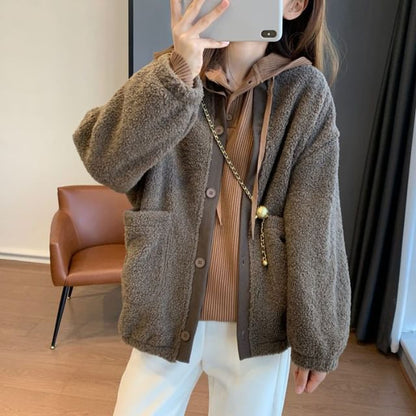 Round Neck Plain Button Teddy Jacket