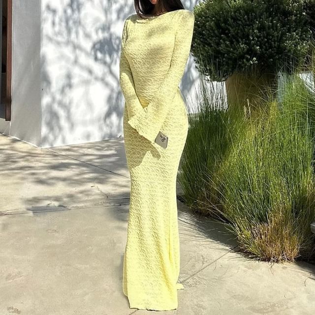 Long Sleeve Plain Open Back Sheath Maxi Dress