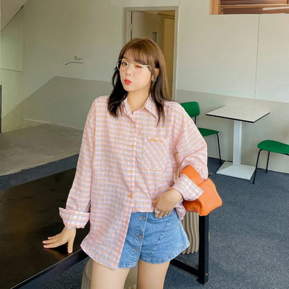 Plus Size Long-Sleeve Plaid Lettering Pocket Detail Shirt