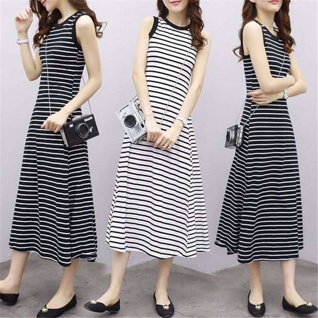 Crew Neck Striped Midi A-Line Tank Dress