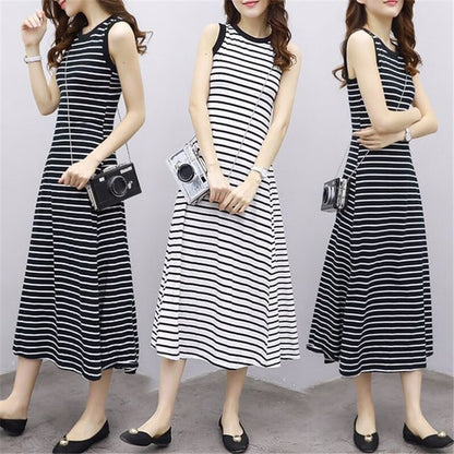 Crew Neck Striped Midi A-Line Tank Dress