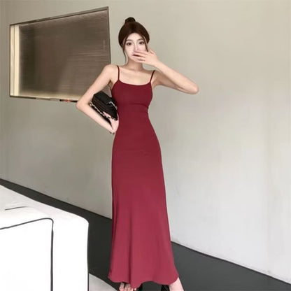 Spaghetti Strap Scoop Neck Plain Midi Bodycon Dress