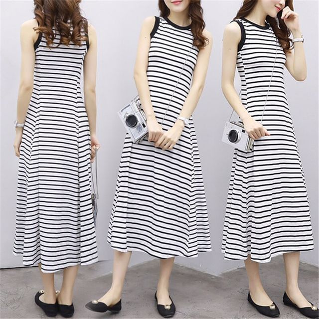 Crew Neck Striped Midi A-Line Tank Dress