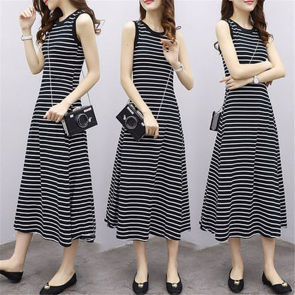 Crew Neck Striped Midi A-Line Tank Dress