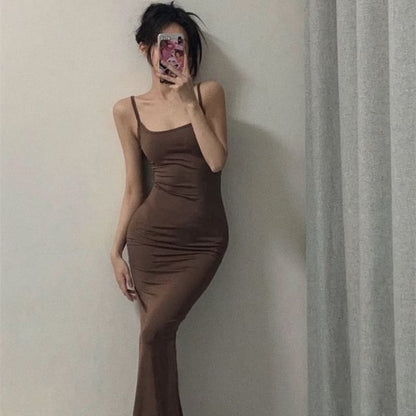 Spaghetti Strap Scoop Neck Plain Midi Bodycon Dress