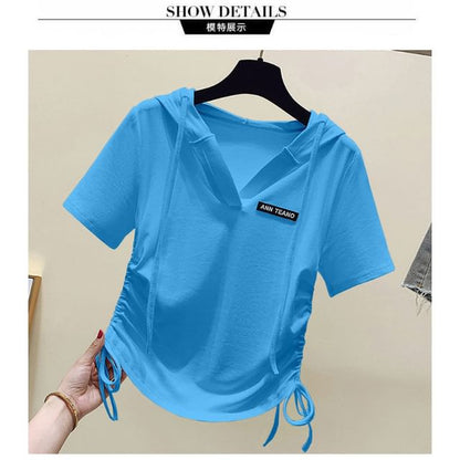 Short-Sleeve V-Neck Lettering Drawstring Tee