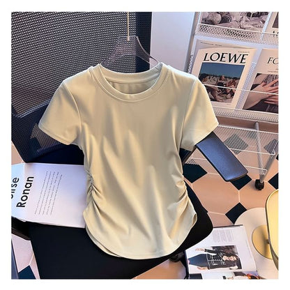 Short-Sleeve Round Neck Plain Ruched Tee