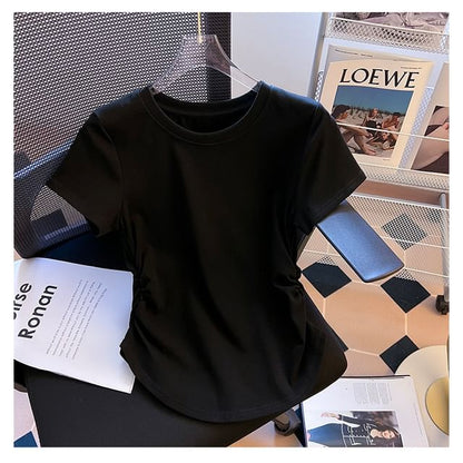 Short-Sleeve Round Neck Plain Ruched Tee