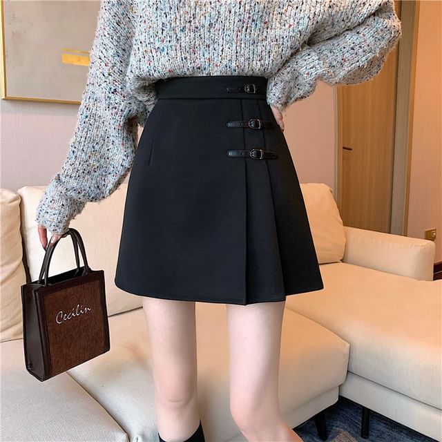 Buckled Pleated High-Rise Mini Skater Skirt