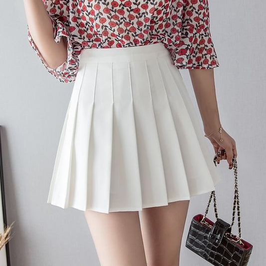 Pleated High-Rise Mini Skater Skirt in Solid Color