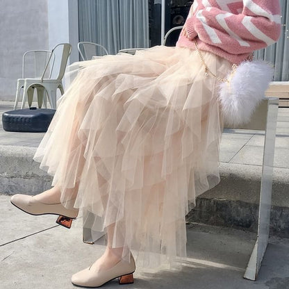 Layered Mesh High-Waisted Midi A-Line Skirt