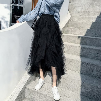 Layered Mesh High-Waisted Midi A-Line Skirt
