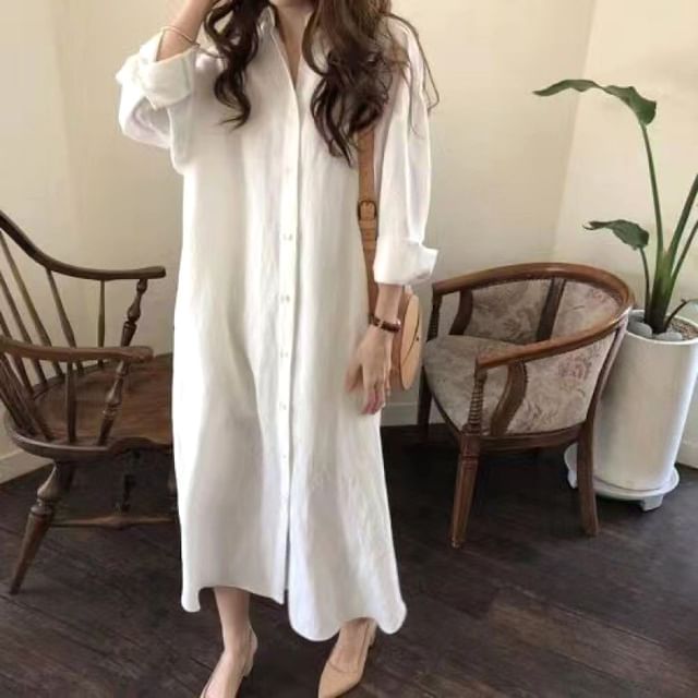 Long Sleeve Plain Shirt Maxi Dress