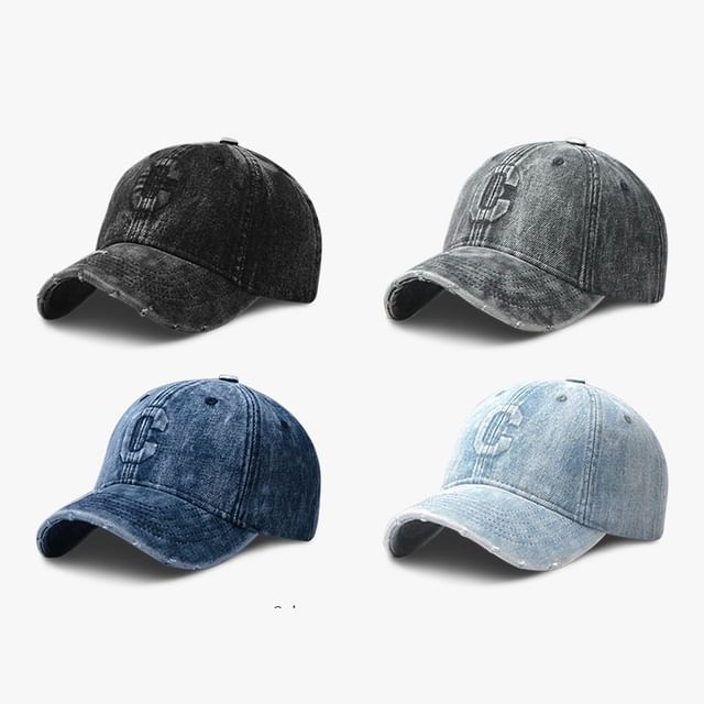 Lettering Embroidered Washed Distressed Denim Baseball Cap