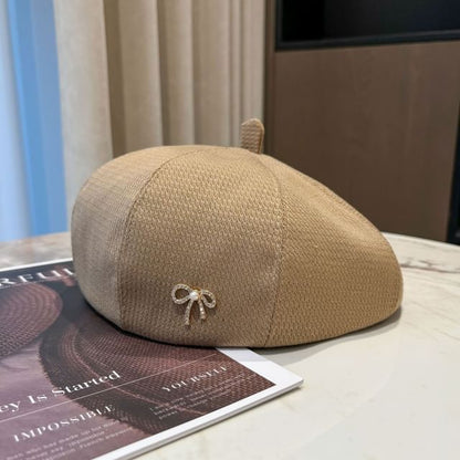 Faux Pearl Rhinestone Bow Beret