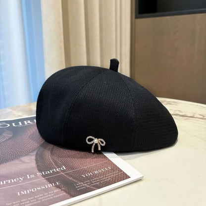 Faux Pearl Rhinestone Bow Beret