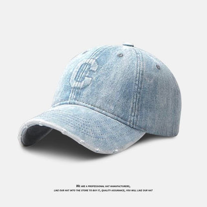 Lettering Embroidered Washed Distressed Denim Baseball Cap
