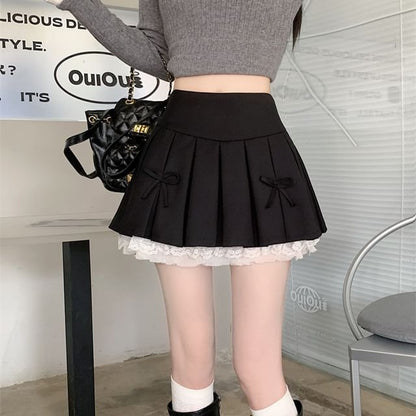 High Waist Bow Pleated Panel Lace Mini A-Line Skirt