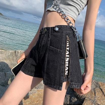 High Waist Washed Lettering Print Zip Slit Denim Shorts