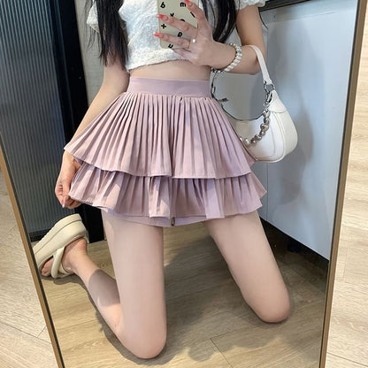 High Waist Plain Accordion Pleated Ruffle Mini A-Line Skirt