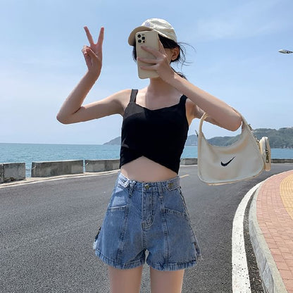 High Waist Washed Lettering Print Zip Slit Denim Shorts