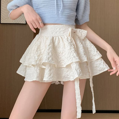 High Waist Plain Bow Ruffle Mini A-Line Skirt