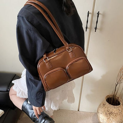 Faux Leather Plain Bowler Bag