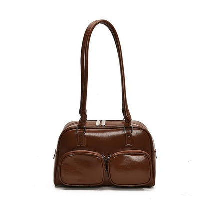 Faux Leather Plain Bowler Bag
